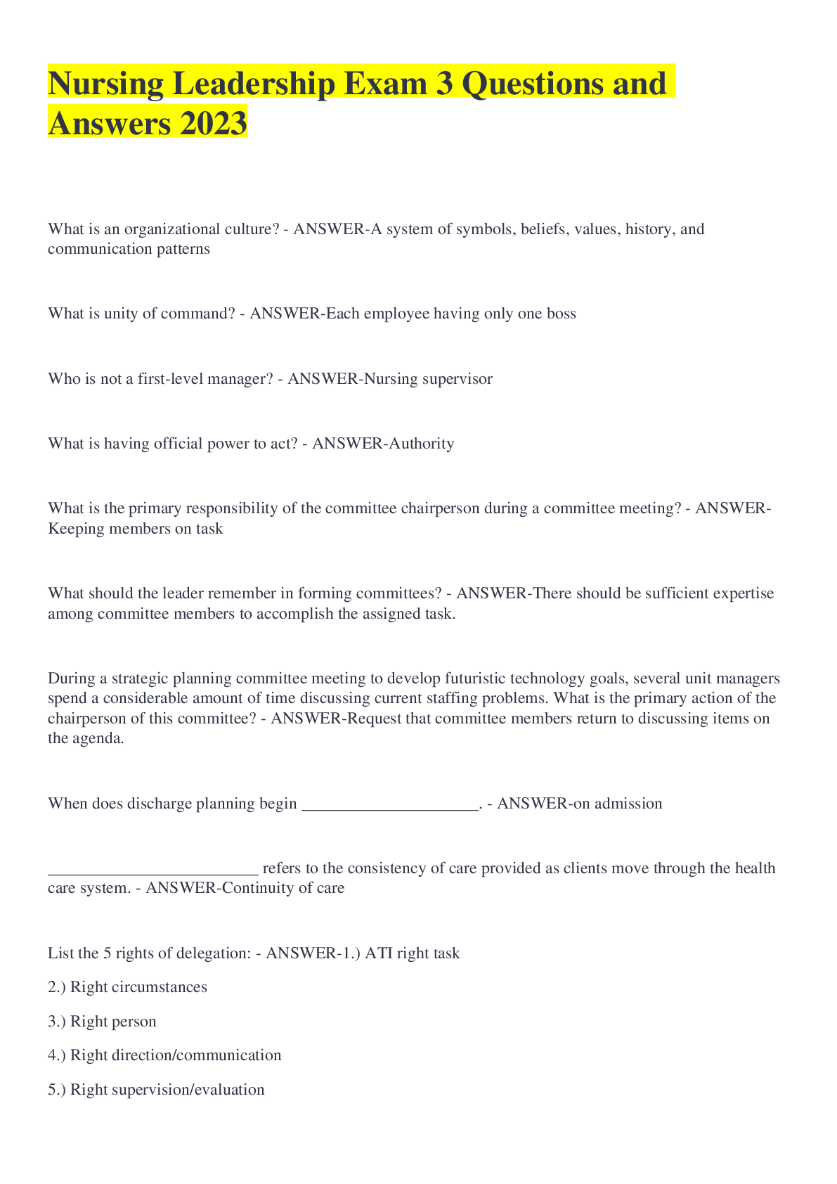 Preview image for Nursing Leadership Exam 3 Questions and Answers 2023